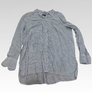 Women's Striped Blue Button-Up Business Top